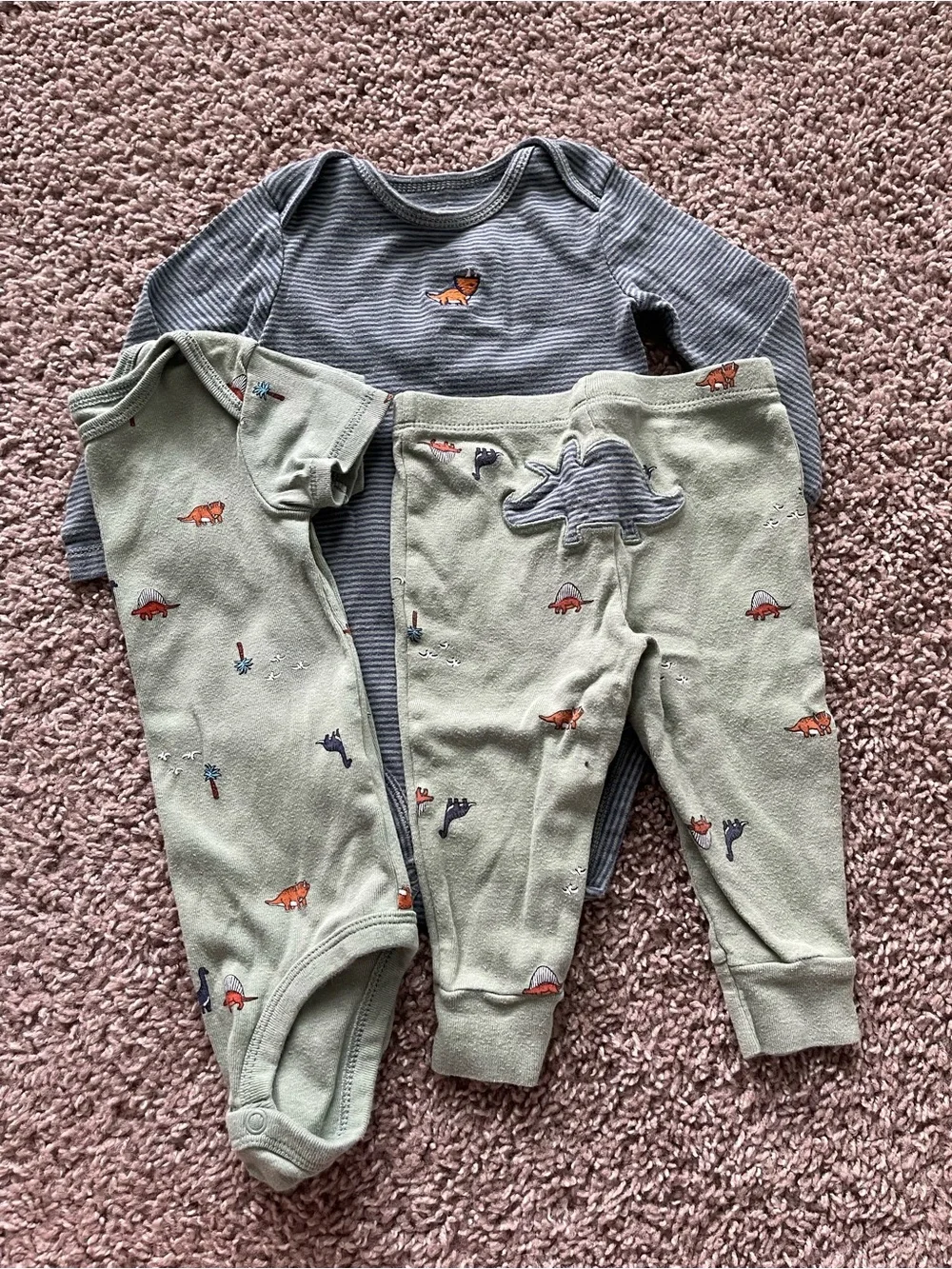 Carter's Blue Stripe One-Piece with Sage Dinosaur Pants Set